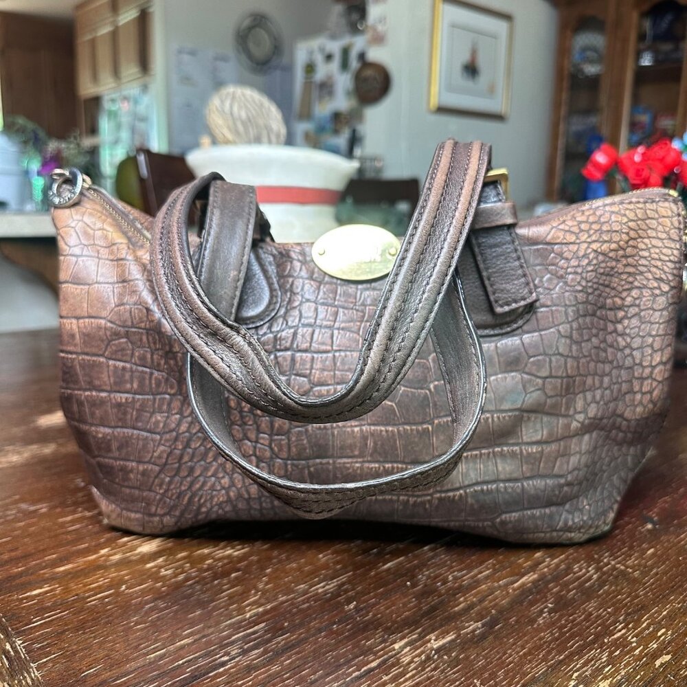 Crocodile-Embossed Brown Leather Conceal Carry Handbag By Hidesign Double Handle